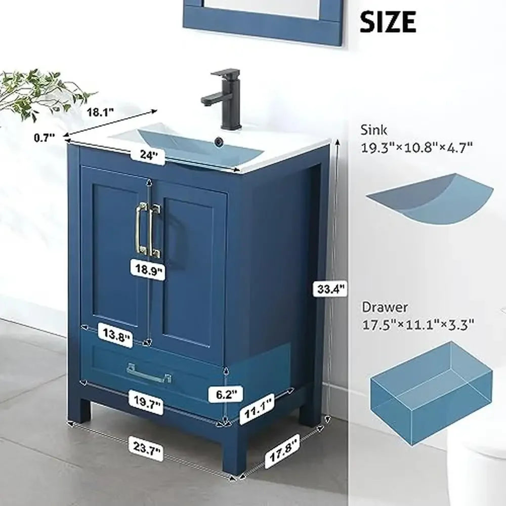 24" Bathroom Vanities Cabinet and Sink Combo Set Ceramic Sink Wood Matte Black Faucet Spacious Storage Gentle Doors Long Lasting