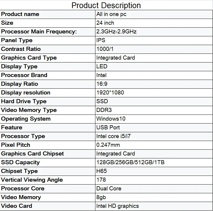 Aotesier 24 inch Core i7 processor office desktop computer pc price 8GB Ram SSD hard drive Win10 computer  all in one  pc