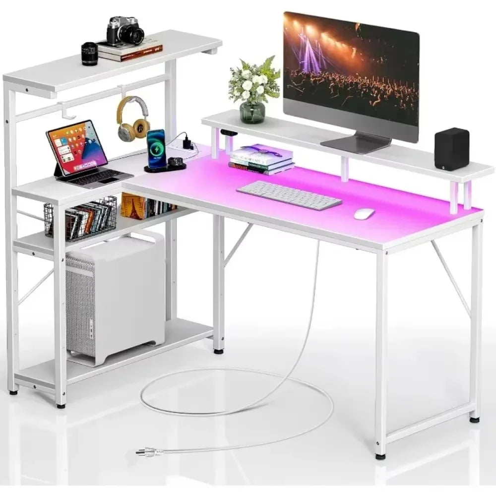 Seventable Gaming Desk with Power Outlet and LED Light, Reversible Small Desk with Monitor Stand,4 Tiers Shelves and Hooks,39" L