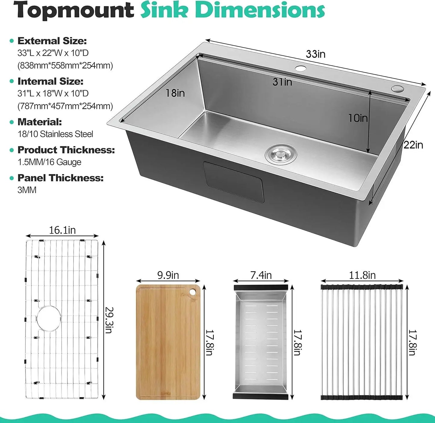 Kitchen Sink 33 x22 Inch, 16 Gauge Stainless Steel Drop In Kitchen Sinks Single Bowl 2-Hole R10 Corner, 10" Dee