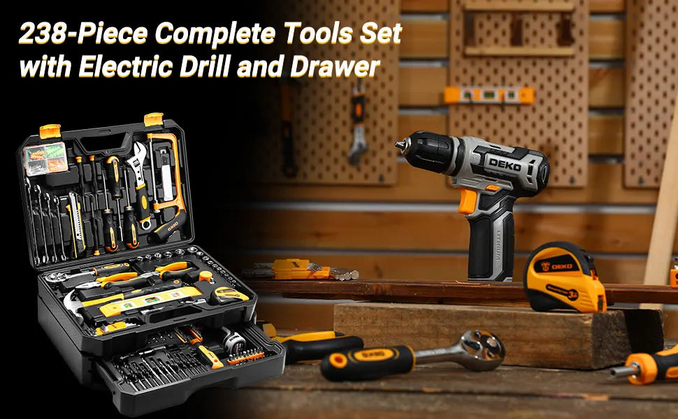 Kit Box Drill Set：DEKOPRO Home Mechanic Toolbox with 12V Power Cordless Drill Hand Repair Tools Sets Combo Kits Storage Org