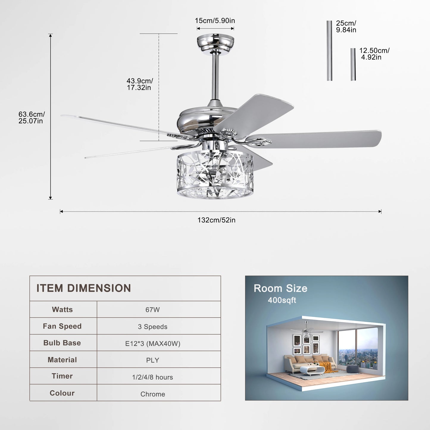 Farmhouse Industrial 52-inch Ceiling Fan (Optional Remote&2 Color Option Blades) or Bedroom, Living Room, Dining Room--Chrome