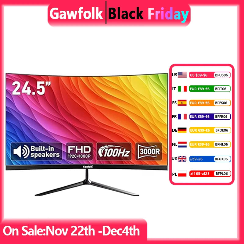 24.5-inch PC Screen, Curved(3000R) 100hz Gaming Monitor with Built-in Speakers FHD 1080p 1ms Bezel-Less, Support HDTV, VGA