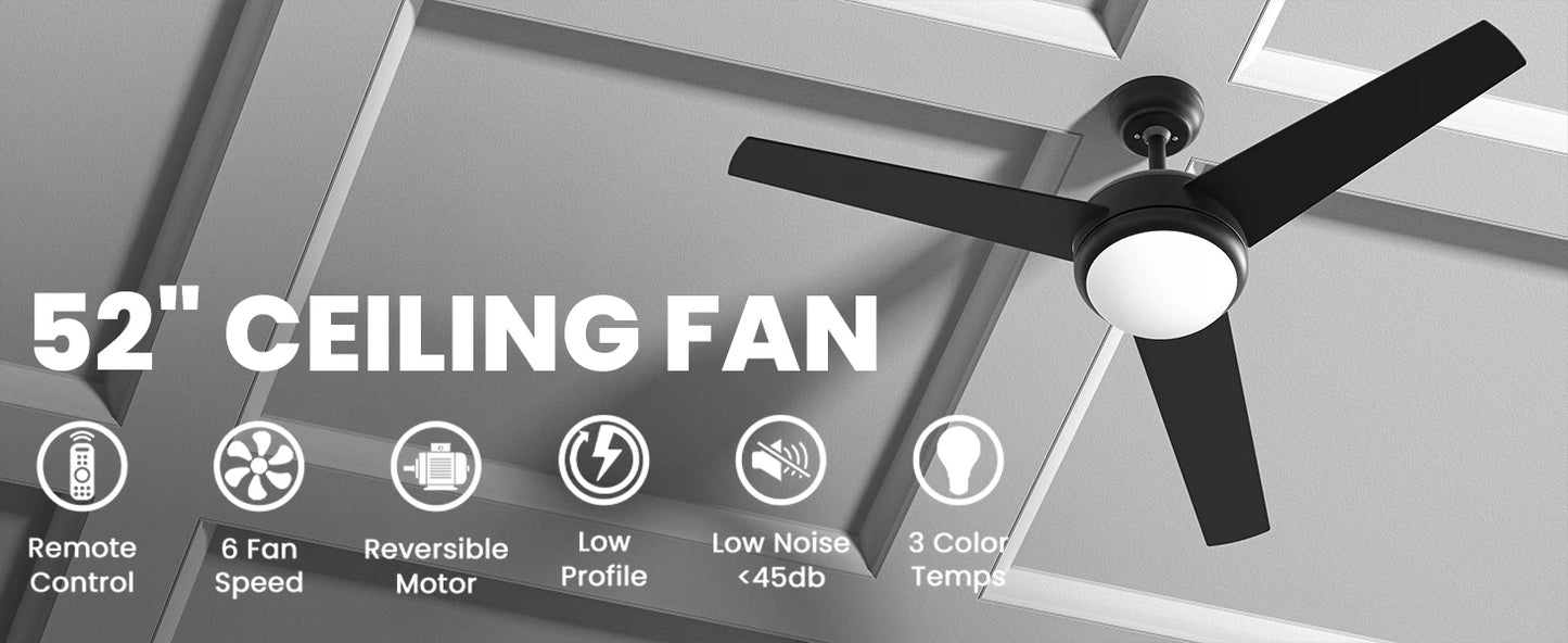 LUNA 52" Ceiling Fan with Light & Remote Control,3 Wood Blades, 6-Speed, Timer, 3 CCT, for Bedroom Living Room Kitchen