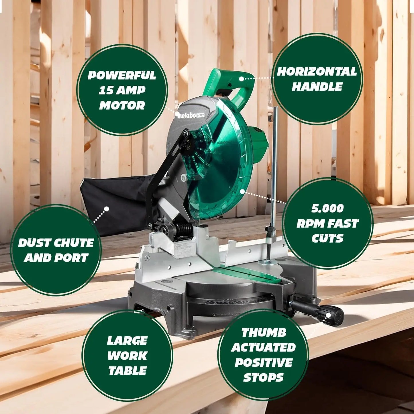 Metabo HPT Compound Miter Saw, 10" Miter Saw with Large Table Saw for woodworking, Power saw with 15-Amp Motor, Accurate Miter A