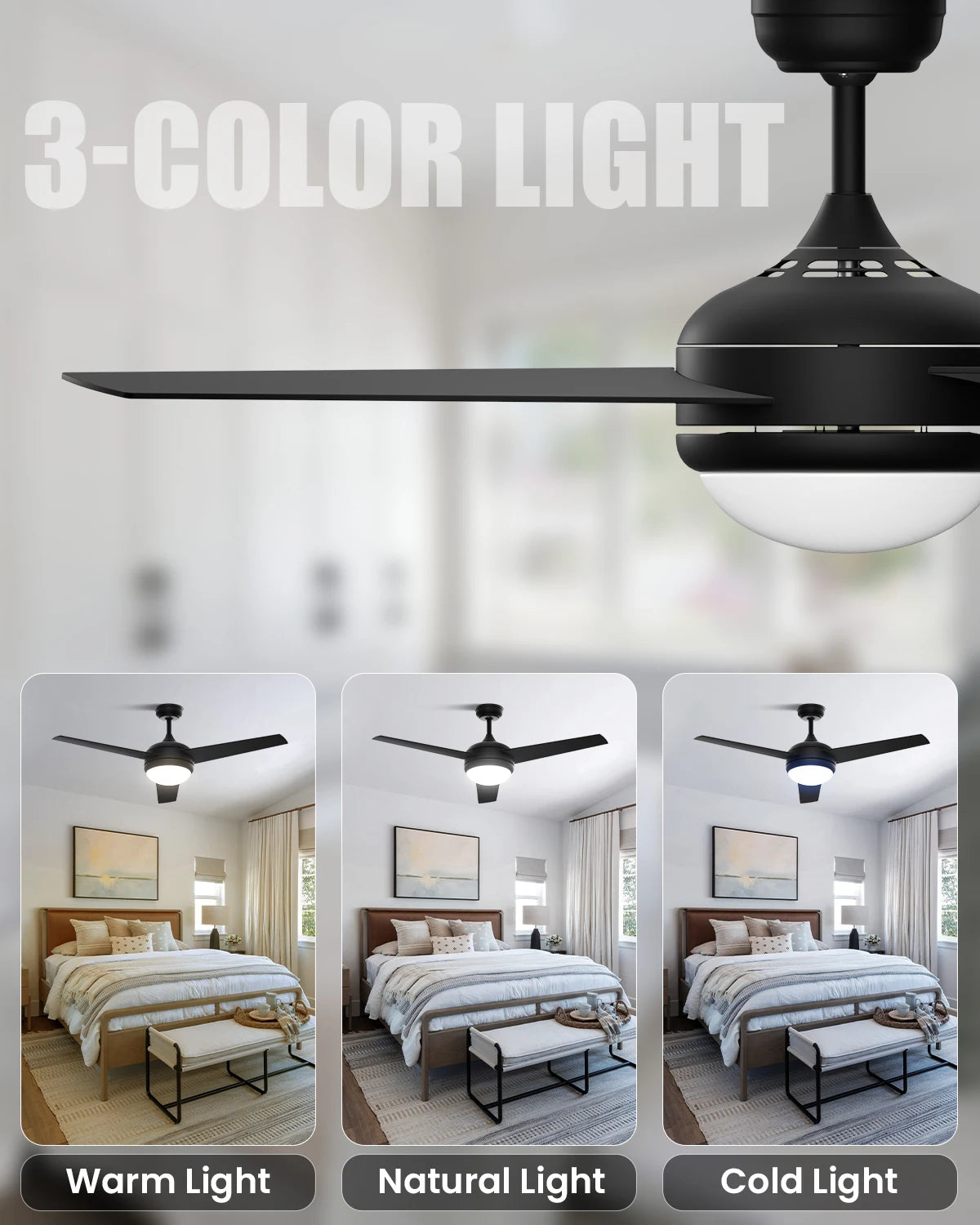 LUNA 52" Ceiling Fan with Light & Remote Control,3 Wood Blades, 6-Speed, Timer, 3 CCT, for Bedroom Living Room Kitchen