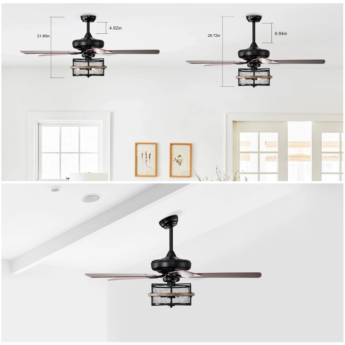 52 Inch Farmhouse Ceiling Fan with Remote,3-Lights Ceiling Fan with Light Fixture (No include Bulbs), Ceiling Fan for Patio,Livi