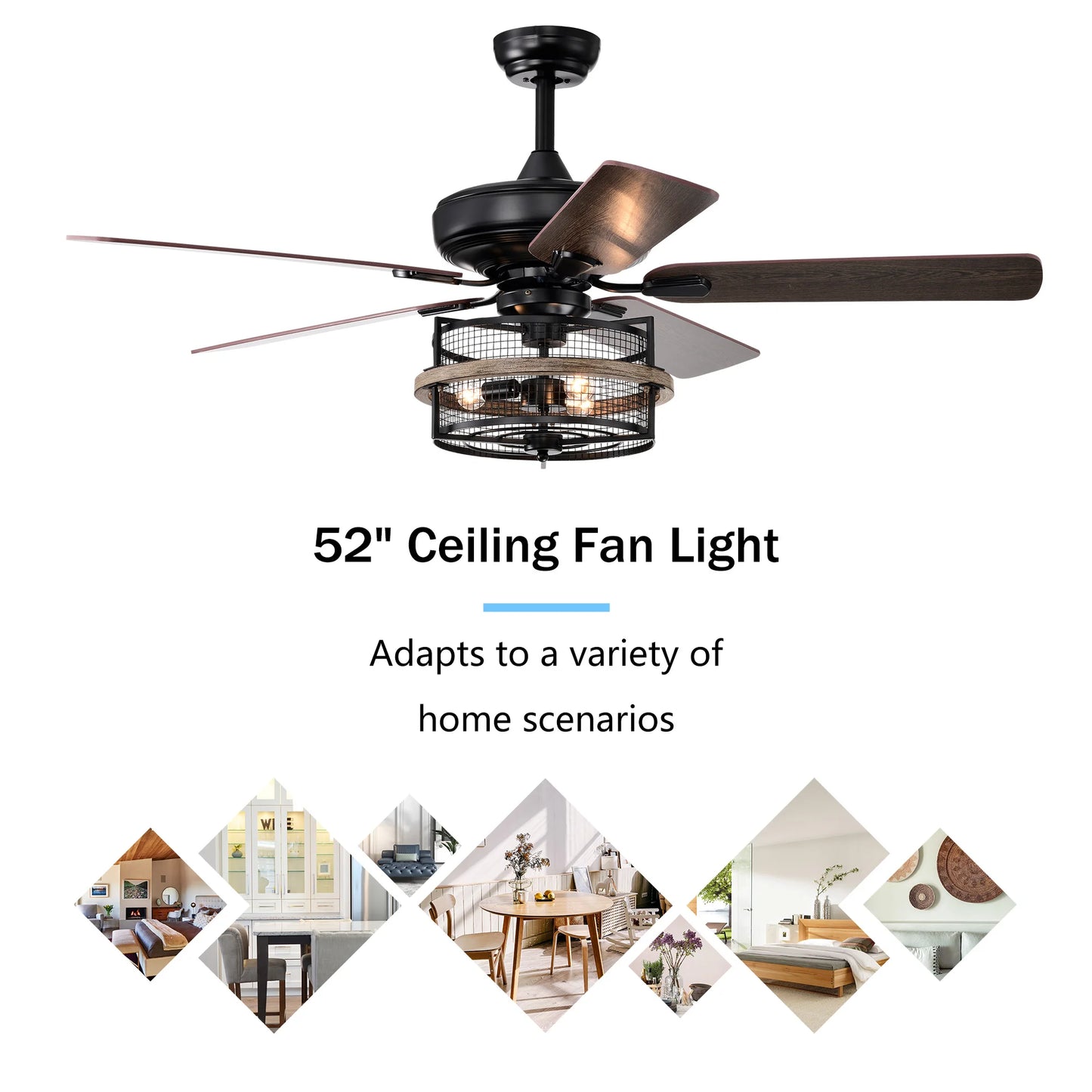 52 Inch Farmhouse Ceiling Fan with Remote,3-Lights Ceiling Fan with Light Fixture (No include Bulbs), Ceiling Fan for Patio,Livi