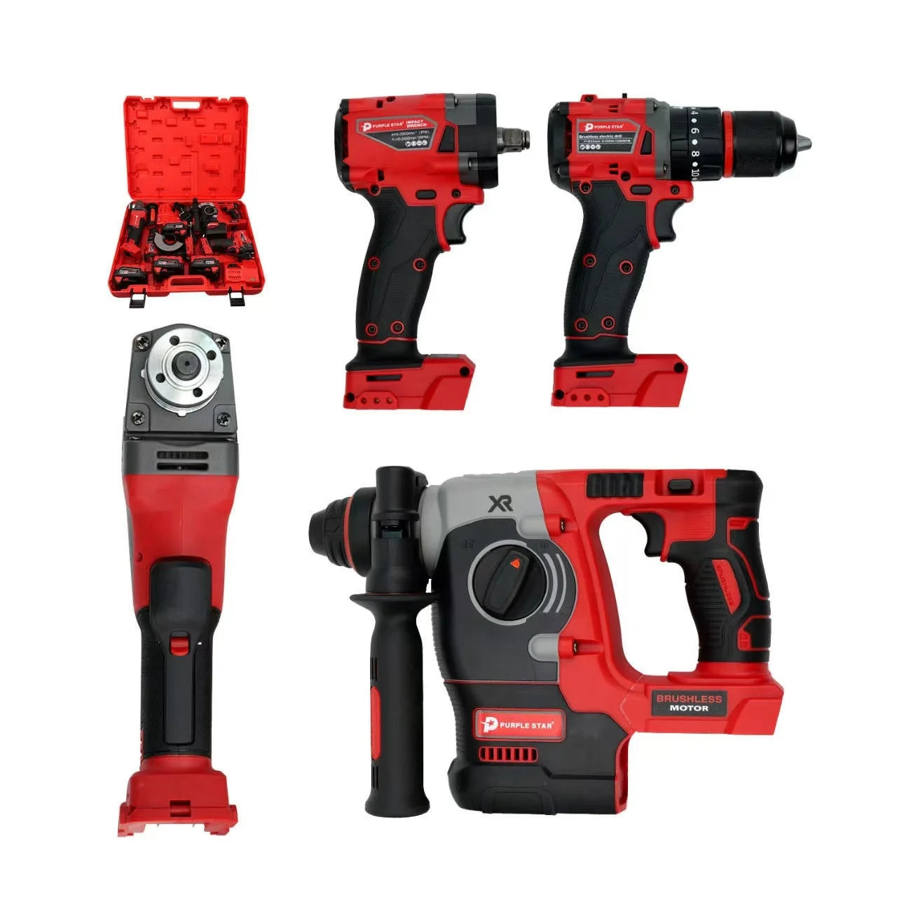 Set 4 in 1 Combination Brushless Replica Milwaukee Red Cordless Jobsite Tool Set Power Wrench Drill Angle Grinder Hammer