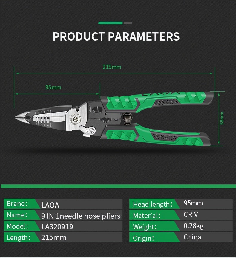 LAOA Needle Nose Pliers Electrician Pliers Wire Stripper Wire Stripper Tool, 9-in-1 Multifunctional for Clamping, Tightening Screws, Stripping Wires, Cutting Cables, Iron Wires with 1pc Spring