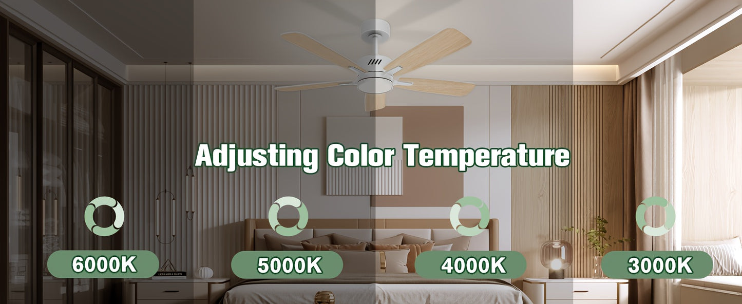 Ceiling Fans With Lights And Remote, 42 Inch Ceiling Fan With Adjustable Color Temperature, Dimmable 6-speeds Noiseless Revisible DC Motor For Bedroom, Kitchen, Living Room