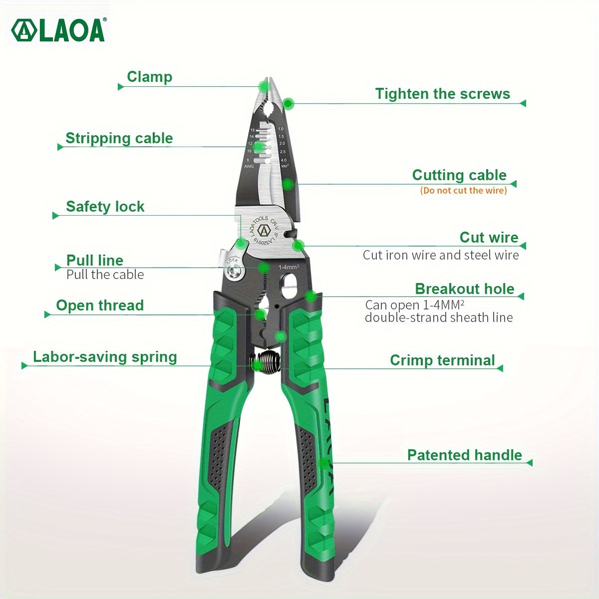 LAOA Needle Nose Pliers Electrician Pliers Wire Stripper Wire Stripper Tool, 9-in-1 Multifunctional for Clamping, Tightening Screws, Stripping Wires, Cutting Cables, Iron Wires with 1pc Spring