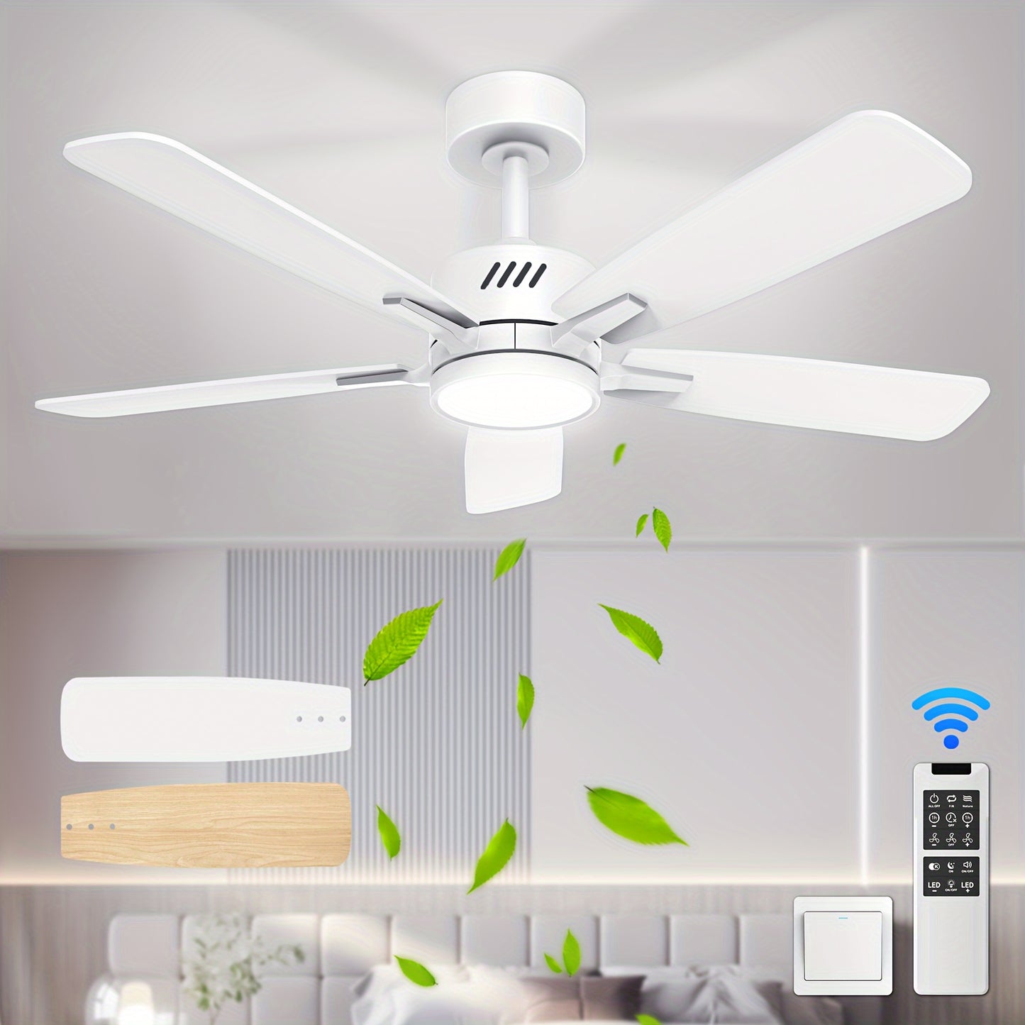 Ceiling Fans With Lights And Remote, 42 Inch Ceiling Fan With Adjustable Color Temperature, Dimmable 6-speeds Noiseless Revisible DC Motor For Bedroom, Kitchen, Living Room