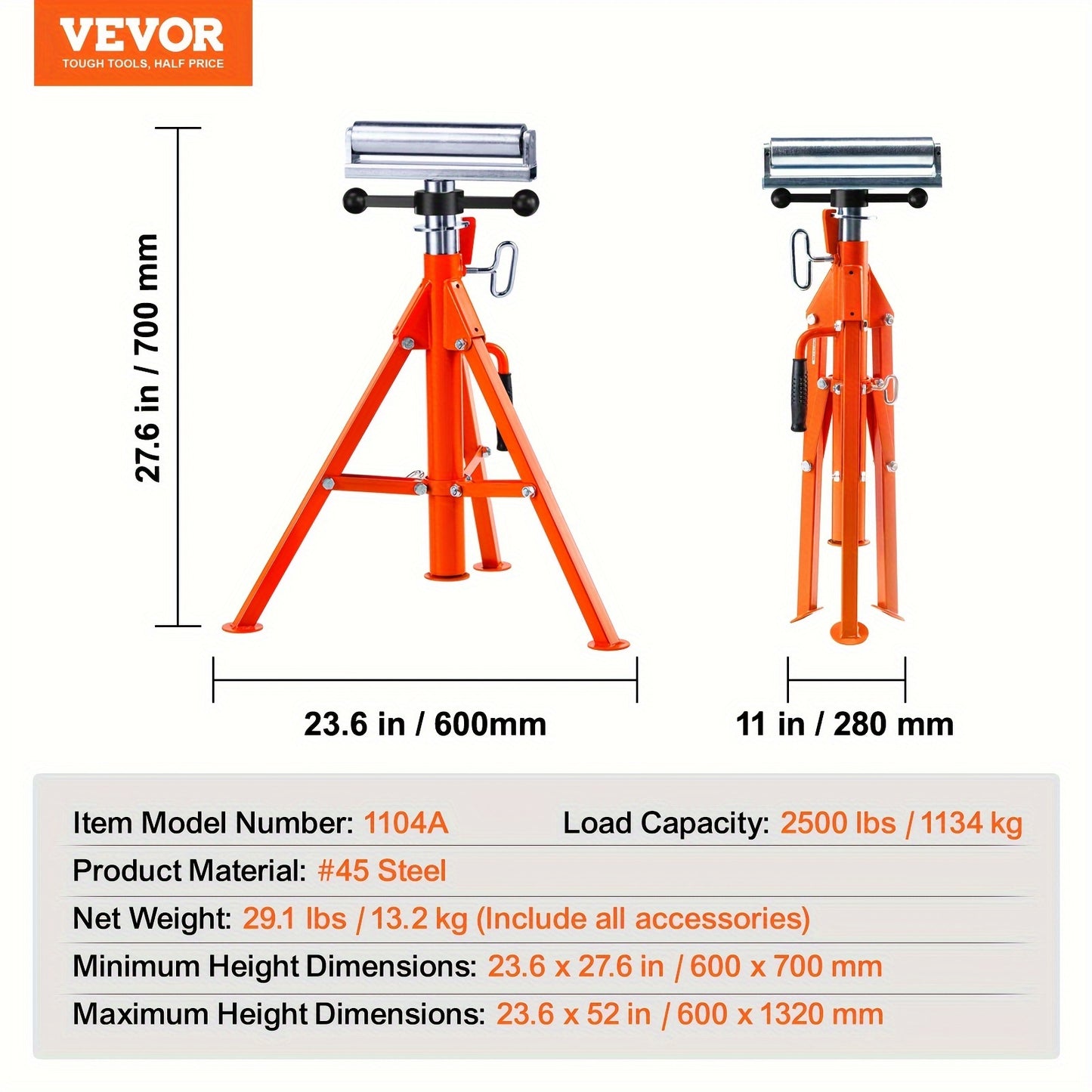 VEVOR Roller Stand - Heavy-Duty 2500 Lbs Load Capacity Tool Stand - 28"-52" Height Adjustable - Foldable Space-Saving Design - For Woodworking And Metalworking Long Boards, Metal Pipes Or Bars