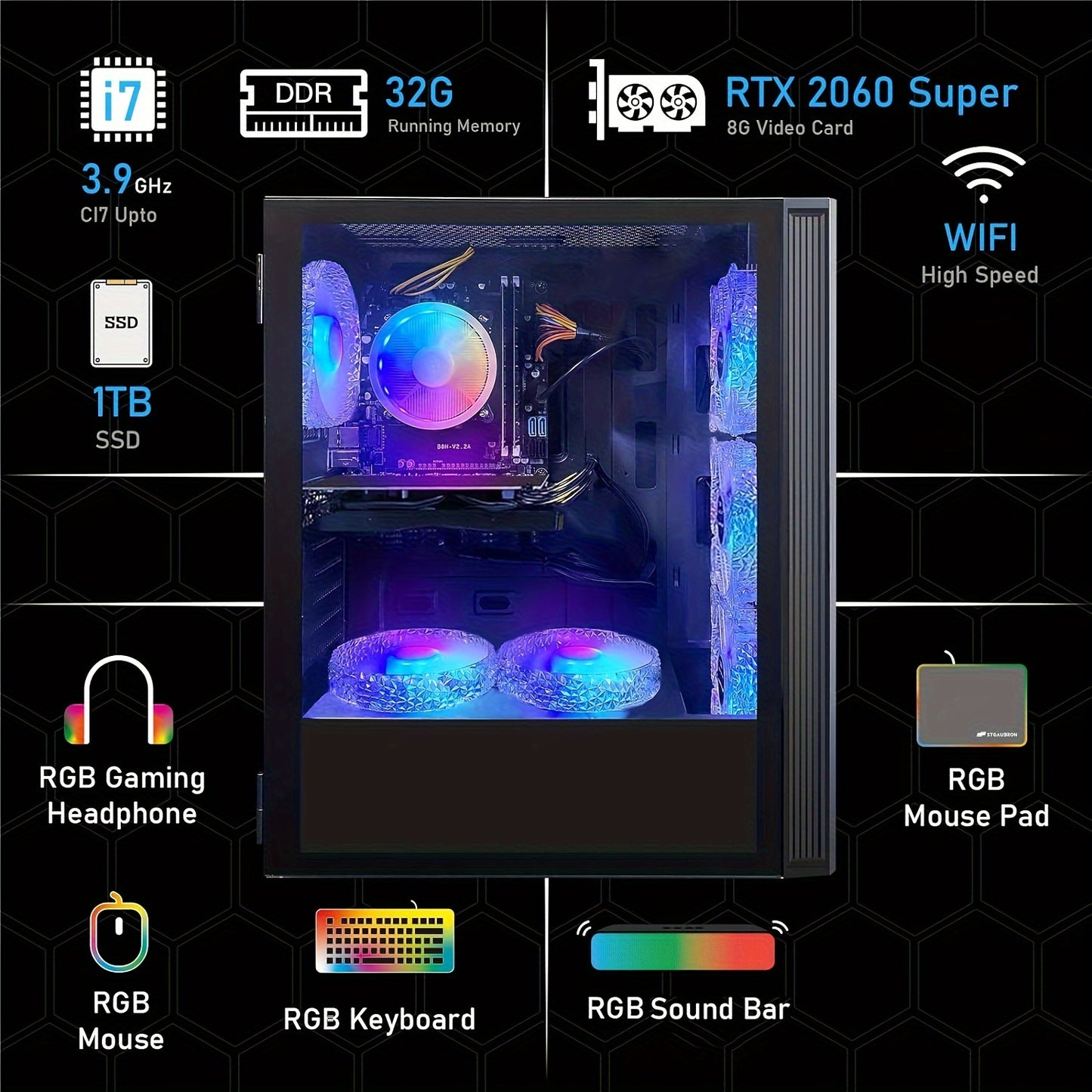 STGAubron Gaming Desktop PC, Core I7 3.4G Up To 3.9G, GeForce RTX 2060 Super 8G GDDR6, 32G, 1TB SSD, WiFi, Wireless 5.0, RGB Keybaord, RGB Mouse Pad, RGB Wireless Sound Bar, RGB Wireless Headset Mic, W10H64