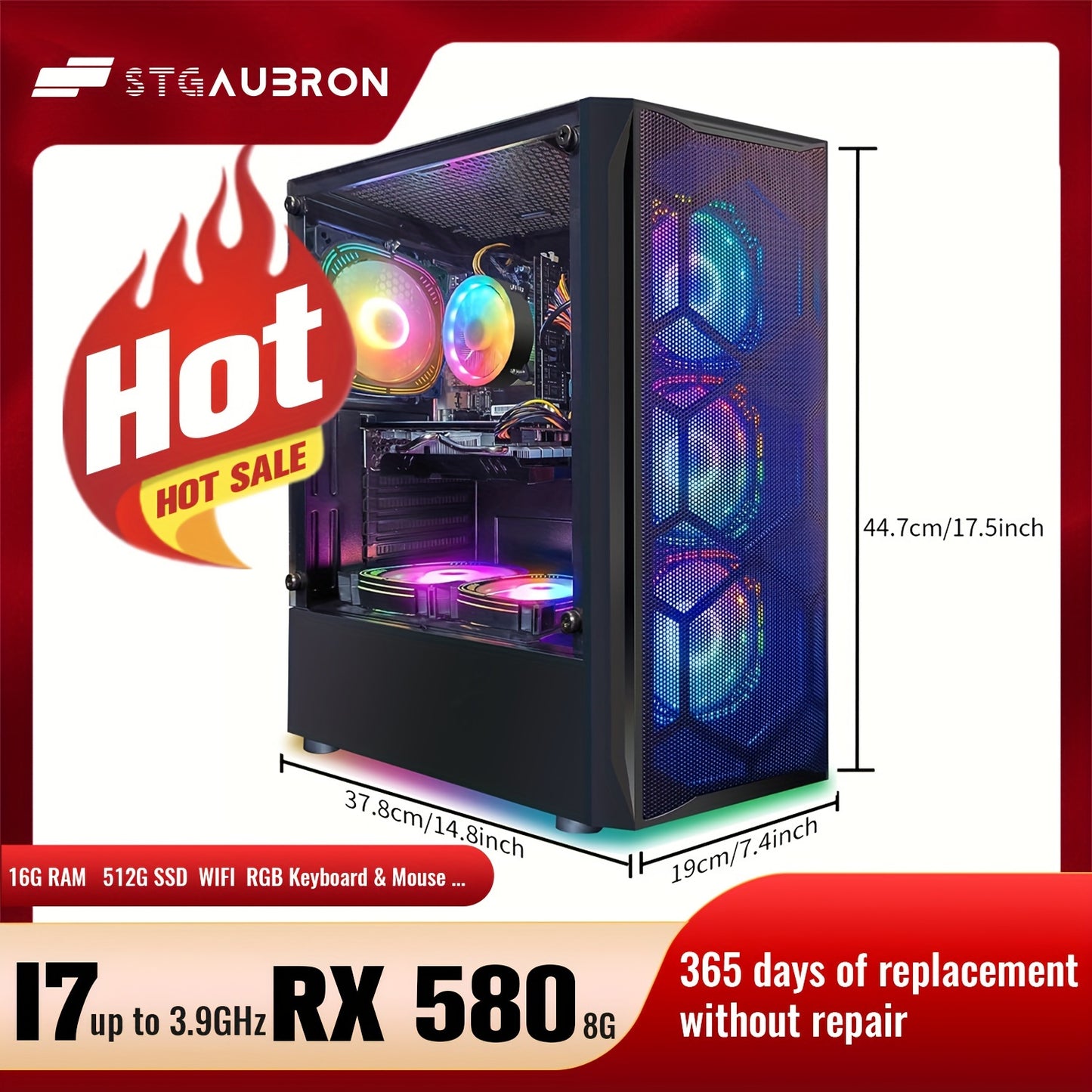 STGAubron Gaming Desktop PC Computer, Intel Core I7 3.4 GHz Up To 3.9 GHz, Radeon RX 580 8G GDDR5, 16G RAM, 512G SSD, WiFi, Wireless 5.0, RGB Fanx6, RGB Keyboard&Mouse&Mouse Pad, RGB BT Sound Bar, W10H64