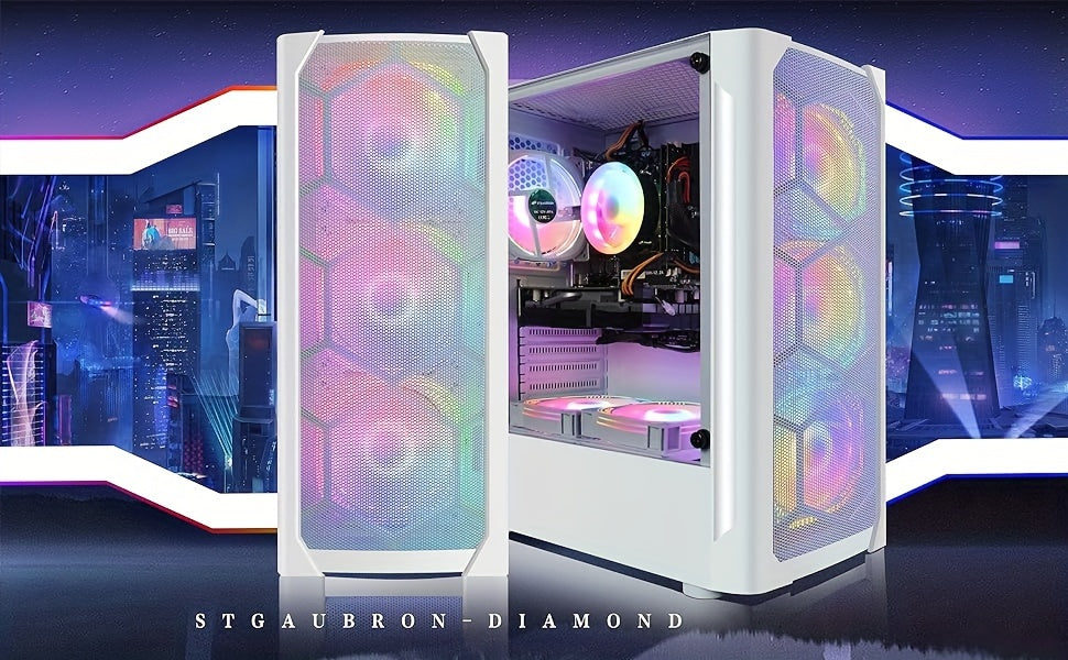 STGAubron Gaming Diamond Desktop, Core I7 3.4 GHz Up To 3.9 GHz, GTX 1660 Ti 6G GDDR6, 16G RAM, 512G SSD, WIFI, Wireless 5.0, RGB Fan X 6, RGB Keyboard & Mouse, RGB Mouse Pad, RGB BT Sound Bar, W10H64