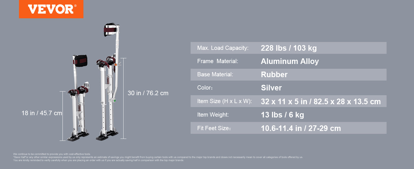 VEVOR Drywall Stilts 18''-30''/36''-50'' Adjustable Aluminum Tool Stilts with Protective Knee Pads Non-Slip Work Stilts for Home