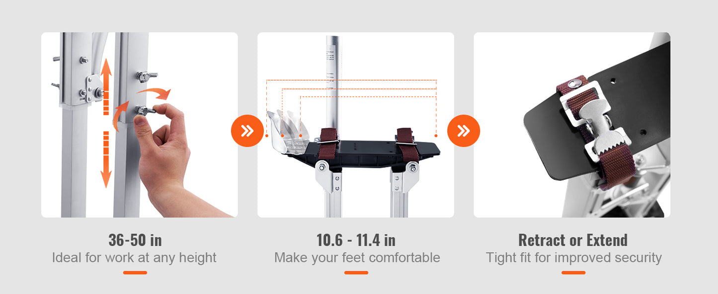 VEVOR Drywall Stilts 36''-50'' Adjustable Aluminum Tool Stilts with Protective Knee Pads Non-Slip Work Stilts for Home