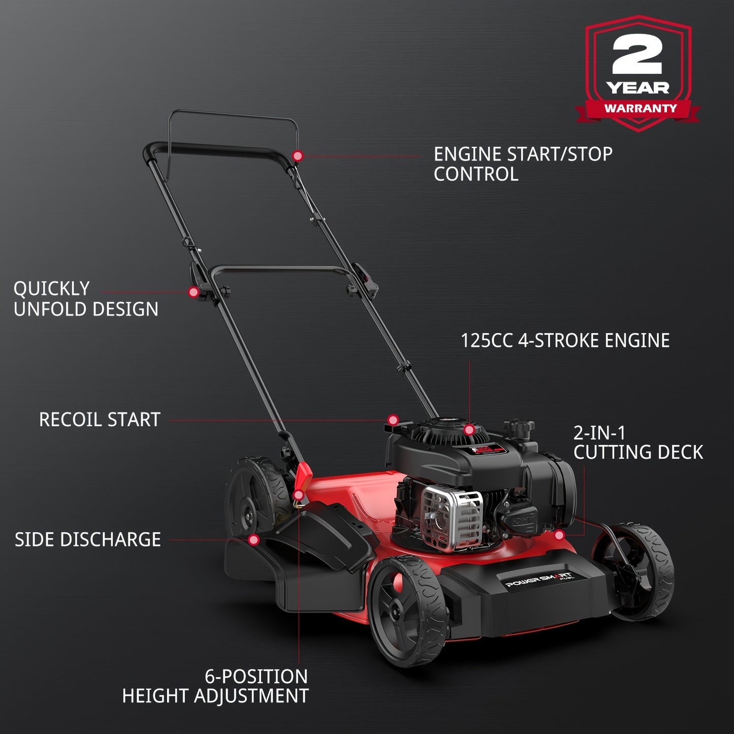 PowerSmart 21-Inch 125cc Gas Lawn Mower with Mulching & Side Discharge, 10-Inch Rear Wheels