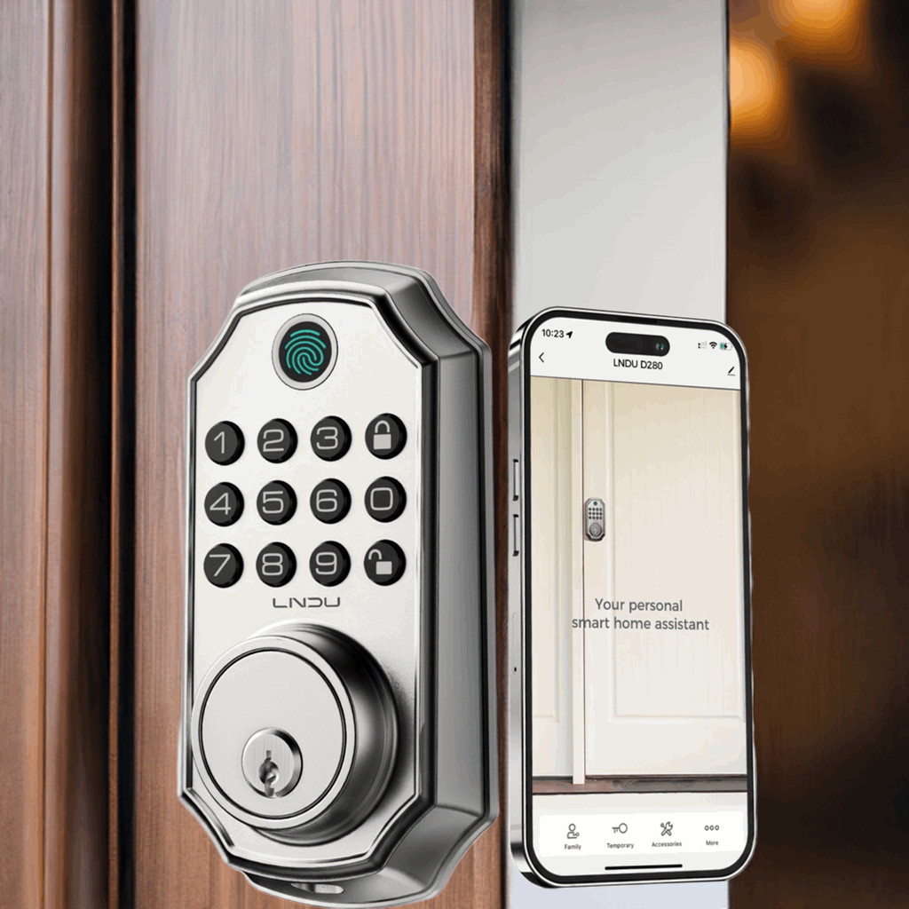 D280 Smart 5-in-1 Fingerprint Door Lock with App Connectivity, Biometric Storage, 100 Passwords, Temporary Sharing