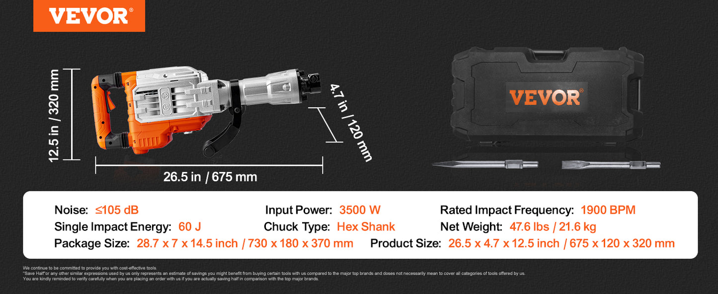 VEVOR 3500W Demolition Jack Hammer 1900 BPM Electric Jack Hammer Concrete Breaker 2pcs Chisel for Trenching and Breaking Holes