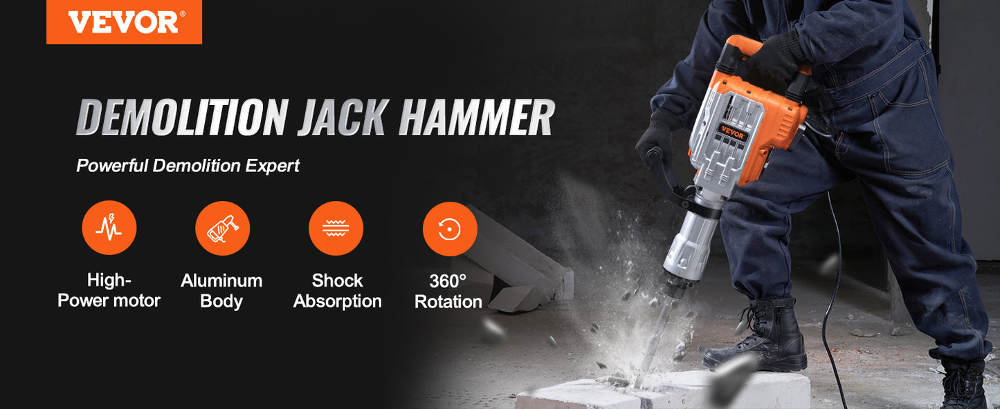 VEVOR 3500W Demolition Jack Hammer 1900 BPM Electric Jack Hammer Concrete Breaker 2pcs Chisel for Trenching and Breaking Holes