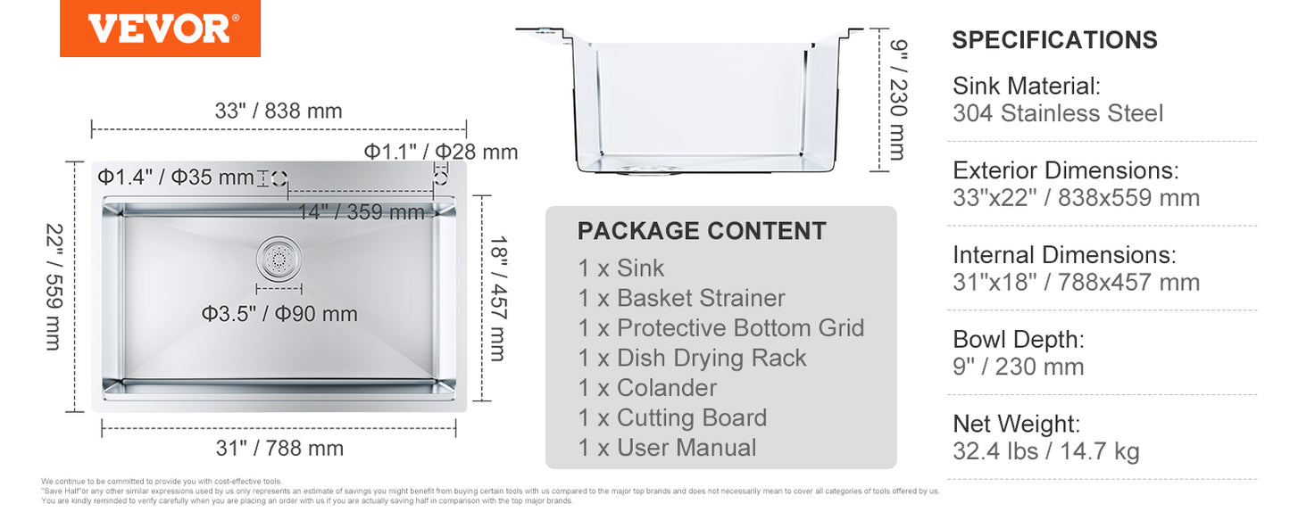 VEVOR 33inch  Kitchen Sink  Single/Double Bowl Stainless Steel Sink Workstation Step Sink with Cutting Board and Basket Strainer