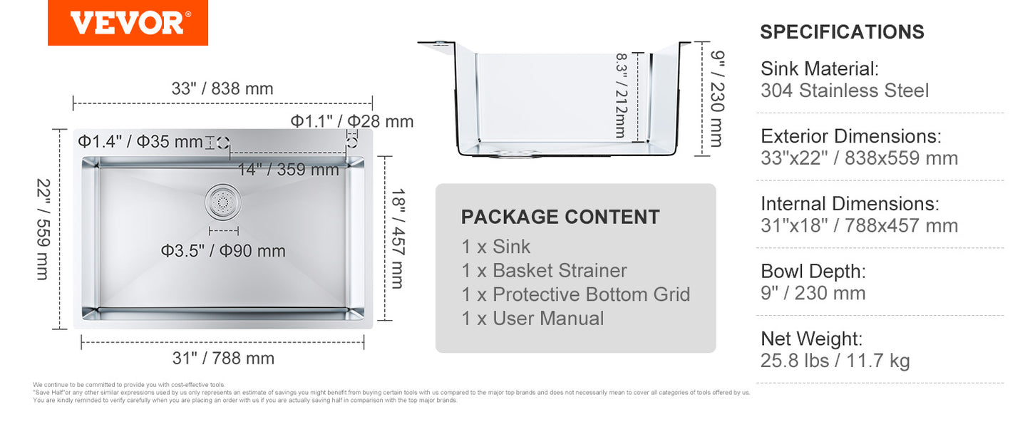 VEVOR 33inch  Kitchen Sink  Single/Double Bowl Stainless Steel Sink Workstation Step Sink with Cutting Board and Basket Strainer